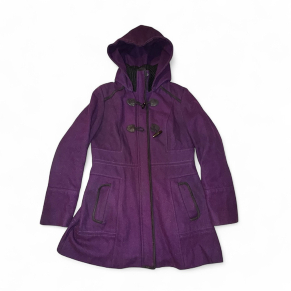 Guess Purple Wool Blend Toggle Coat Hooded Size Large Y2K Pea Coat